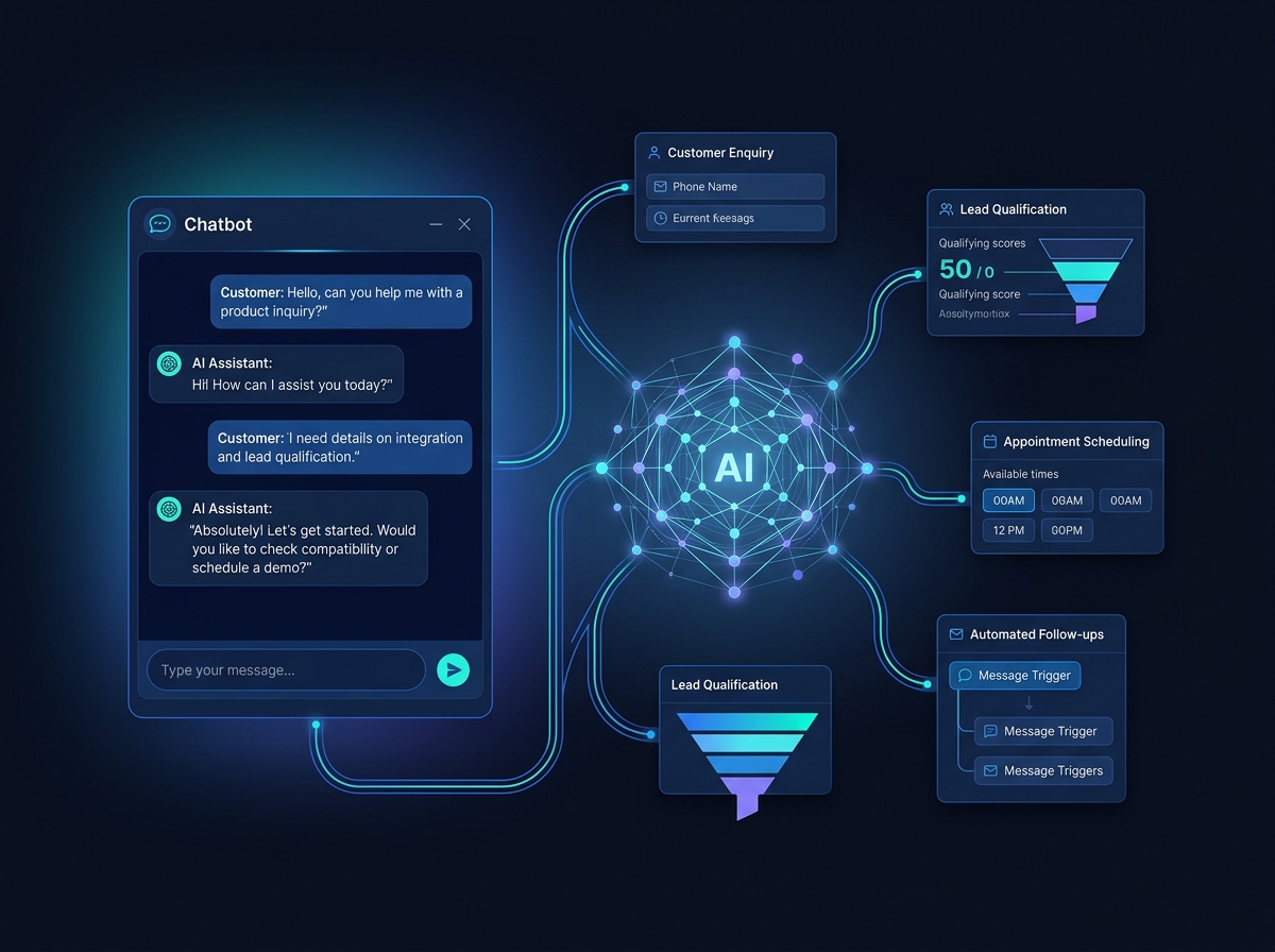 AI chatbot and business automation workflow illustration by Lishaq Solutions