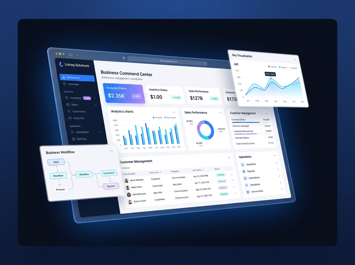Custom business software development illustration by Lishaq Solutions
